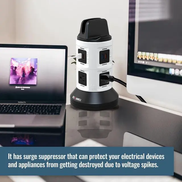 Alt view image 5 of 6 - Spin Power Strip Tower Surge Protector - 4 Outlets, 6 USB Ports, 40" Retractable Cord, 360° Rotation | Electric Charging Station with Built-in Phone & Tablet Holder | USB Outlet Extender