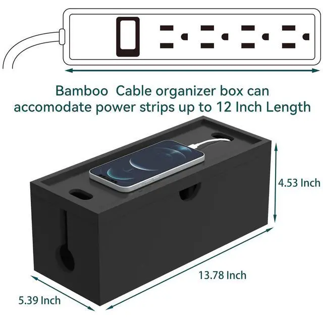 Alt view image 3 of 6 - Bamboo Cable Management Box, Large Cord Organizer Box Cable Box to Hide Wires & Power Strips for Desktop Storage Cord Holder for Office Home,No Assembley Required (All Black, 1Medium)