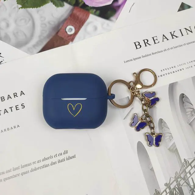 Alt view image 5 of 7 - Compatible with Samsung Galaxy Buds 3 Pro and Galaxy Buds 3 (2024), Soft Silicone Case with Gold Heart Pattern with Cute Butterfly Keychain for Girls Women (Midnight Blue)