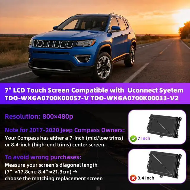 Alt view image 4 of 7 - 7'' LCD Screen with Bracket for 17-20 Jeep Compass & 18-21 Jeep Renegade | Solve Ghost Touch Faults, Frame Sizes Differ Among Some Vehicle Models,800×480P, 2-Year WTY,Replace TDO-WXGA0700K00033-V2/V1