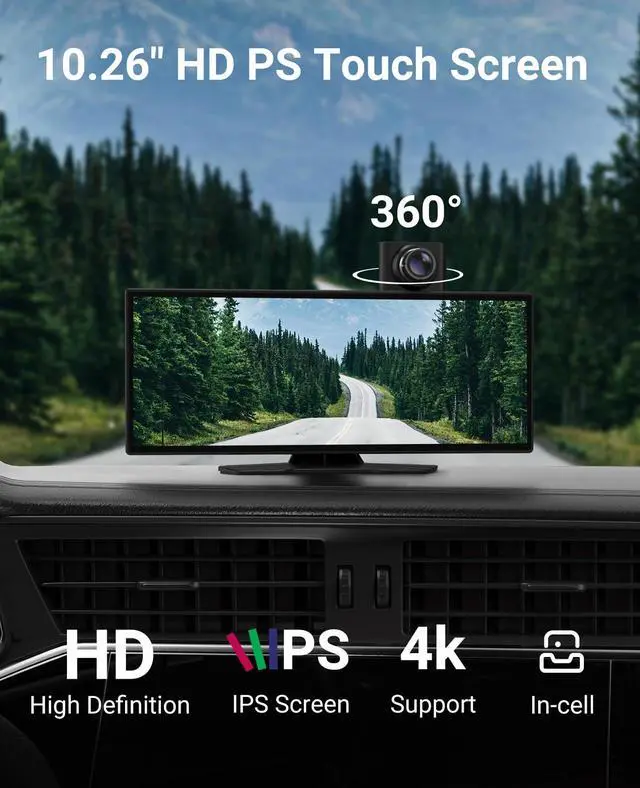 Alt view image 2 of 7 - Wireless CarPlay and Android Auto 11.26-inch Touchscreen, 4K Dash Camera and 1080p Backup Camera, Universal Portable car Display, Equipped with 64G Memory Card