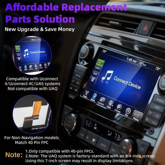 Alt view image 7 of 7 - 7'' LCD Screen with Bracket for 17-20 Jeep Compass & 18-21 Jeep Renegade | Solve Ghost Touch Faults, Frame Sizes Differ Among Some Vehicle Models,800×480P, 2-Year WTY,Replace TDO-WXGA0700K00033-V2/V1