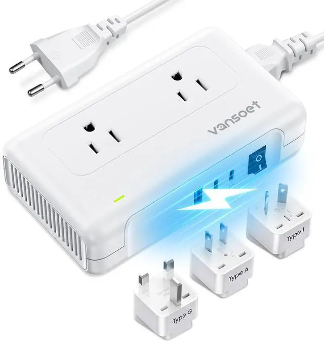Main image of 220V to 110V Converter, Universal Travel Adapter with 1 USB A & 2 USB C Ports Fast Charging, 2 AC Sockets and UK/AU/US/EU Worldwide Plug Adapter