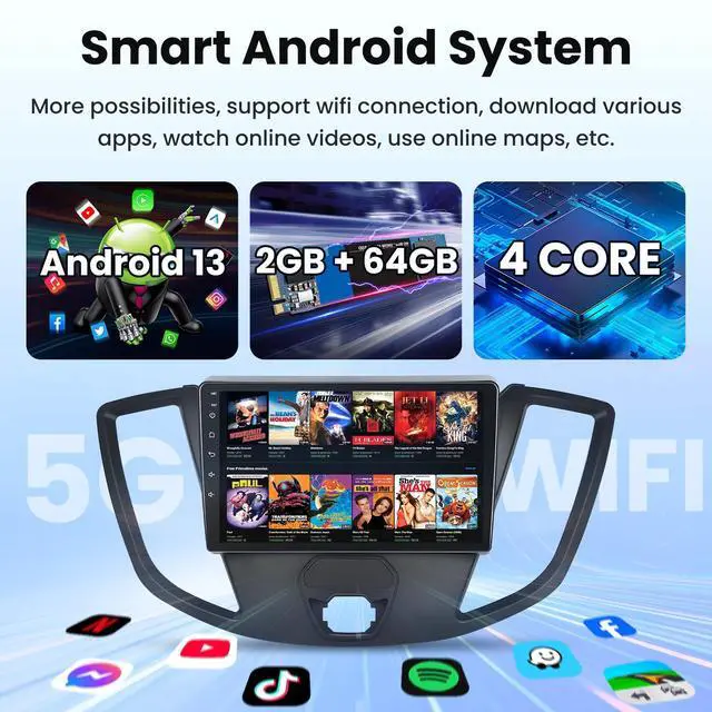 Alt view image 7 of 7 - 4Core 64GB ROM Car Radio Stereo for Ford Transit 150 250 350 2015 2016 2017 2018 2019: 9 inch 1280 * 800 Touch Screen 5G WiFi Wireless Carplay & Android Auto HD Backup Camera GPS Navigation SWC FM BT