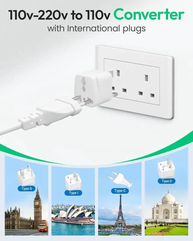 Alt view image 6 of 7 - 220V to 110V Converter, Universal Travel Adapter with 1 USB A & 2 USB C Ports Fast Charging, 2 AC Sockets and UK/AU/US/EU Worldwide Plug Adapter