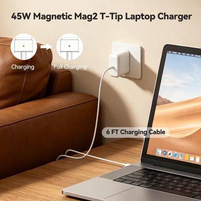Alt view image 4 of 7 - 45W MacBook Air Charger - Magnetic Type, Mag2 T Interface - Compatible with 11-inch and 13-inch MacBook Air Models from 2012 to 2017. Laptop Power Adapter