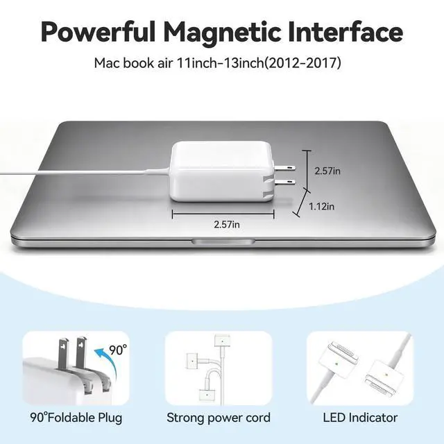 Alt view image 5 of 7 - 45W MacBook Air Charger - Magnetic Type, Mag2 T Interface - Compatible with 11-inch and 13-inch MacBook Air Models from 2012 to 2017. Laptop Power Adapter