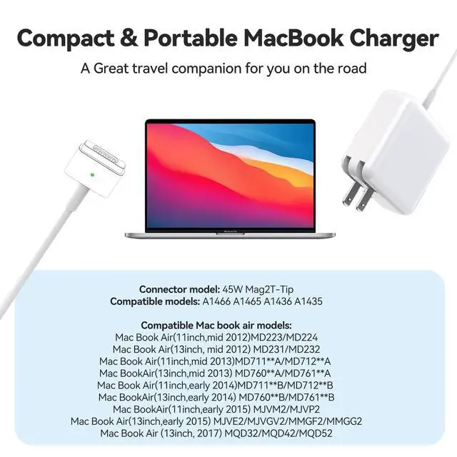 Alt view image 7 of 7 - 45W MacBook Air Charger - Magnetic Type, Mag2 T Interface - Compatible with 11-inch and 13-inch MacBook Air Models from 2012 to 2017. Laptop Power Adapter