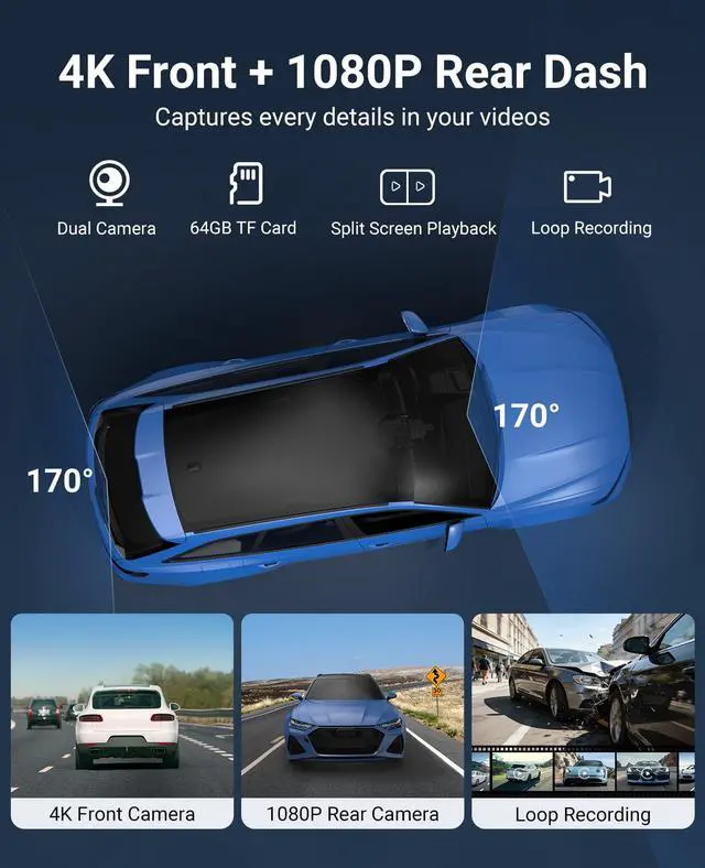 Alt view image 3 of 7 - Wireless CarPlay and Android Auto 11.26-inch Touchscreen, 4K Dash Camera and 1080p Backup Camera, Universal Portable car Display, Equipped with 64G Memory Card