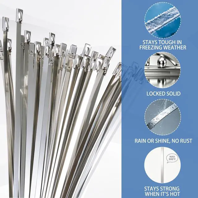 Alt view image 3 of 7 - 11.8 in 500PACK stainless steel zip ties, metal zip ties, metal zip ties heavy duty outdoor, for outdoor use, for construction, automotive, marine, electrical, plumbing, home
