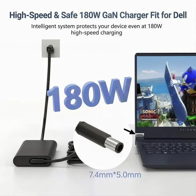 Alt view image 6 of 7 - 180W GaN Laptop Charger Fit for Dell Alienware 16 16x Aurora AC 15 DA | for 16 16x Aurora AC16250 AC16251 15 DA15260 DA15265 Precision 7550 7560 7670 7680 7770 7780