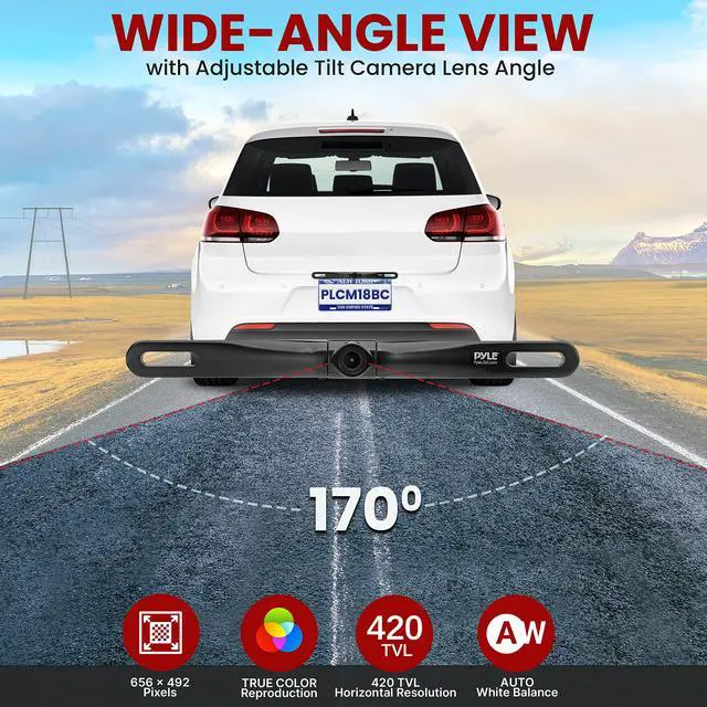 Alt view image 3 of 7 - License Plate Rear View Camera - Built-in Distance Scale Lines Backup Parking/Reverse Assist Waterproof Adjustable Slim Bar Cam w/ 420 TVL Resolution & RCA Output Zinc Black Chrome - PLCM18BC