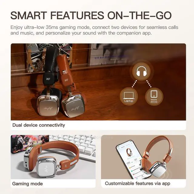 Alt view image 7 of 7 - R2 Retro Classic Bluetooth Headphones, Vintage Ergonomic Design | 40mm Drivers ENC Clear Call, 60H Playtime, 3.5mm Wired Headset, All-Day Comfort, Throwback 80s 90s, Brown