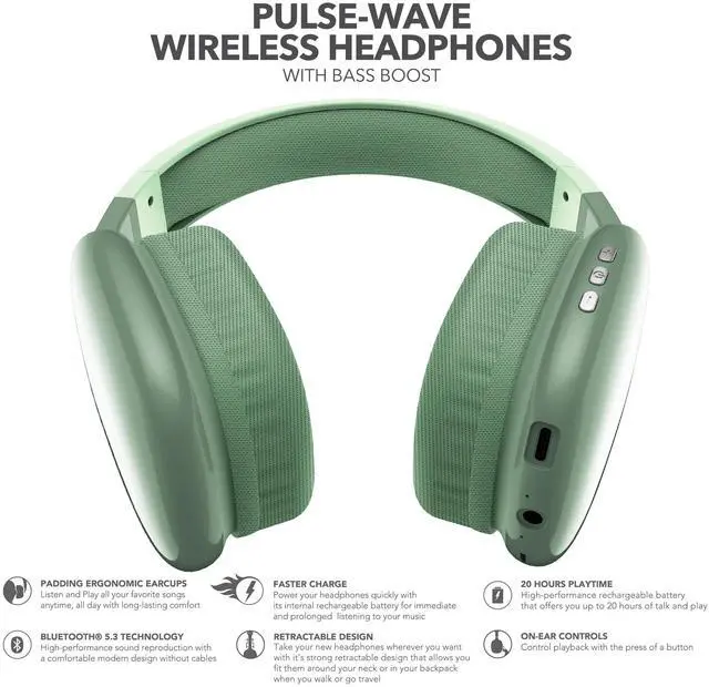 Alt view image 3 of 6 - Wave-56 Wireless Headphones, 40H Battery, Hi-Res Audio, Enhanced Bass, Noise Cancelling, Transparency Mode, Lightweight Over-Ear Bluetooth Headphones with Comfort Fit, Travel-Friendly (Green)