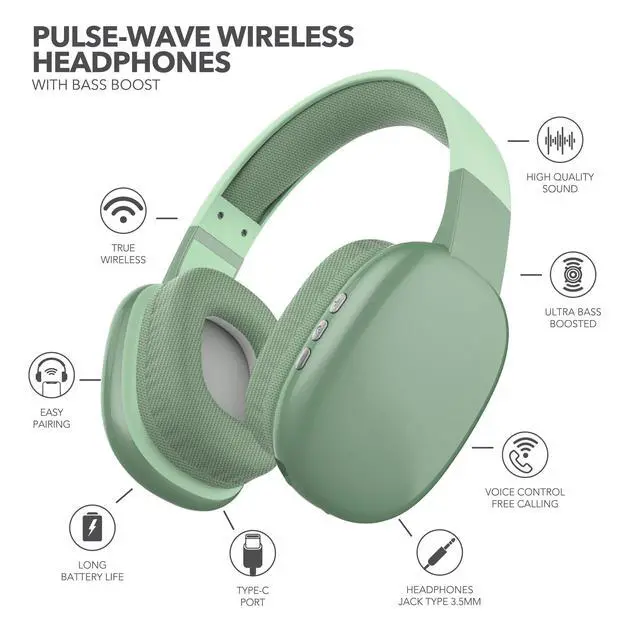 Alt view image 4 of 6 - Wave-56 Wireless Headphones, 40H Battery, Hi-Res Audio, Enhanced Bass, Noise Cancelling, Transparency Mode, Lightweight Over-Ear Bluetooth Headphones with Comfort Fit, Travel-Friendly (Green)