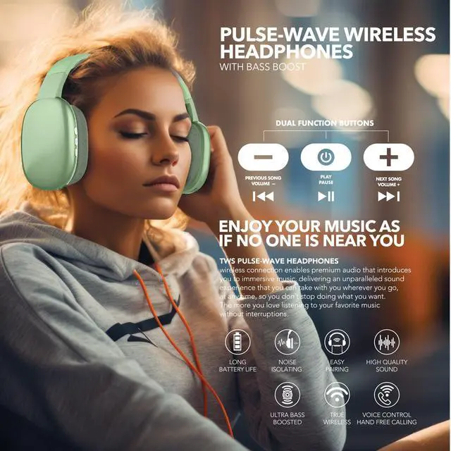 Alt view image 6 of 6 - Wave-56 Wireless Headphones, 40H Battery, Hi-Res Audio, Enhanced Bass, Noise Cancelling, Transparency Mode, Lightweight Over-Ear Bluetooth Headphones with Comfort Fit, Travel-Friendly (Green)