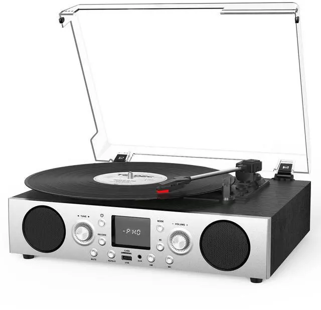 Main image of Record Player with Built-in Speakers, Belt-Driven Turntable with FM Radio & Bluetooth Receiver, 3-Speed Vinyl Player with USB Recording, RCA Line Out, AUX in & Auto Stop, Silver Black