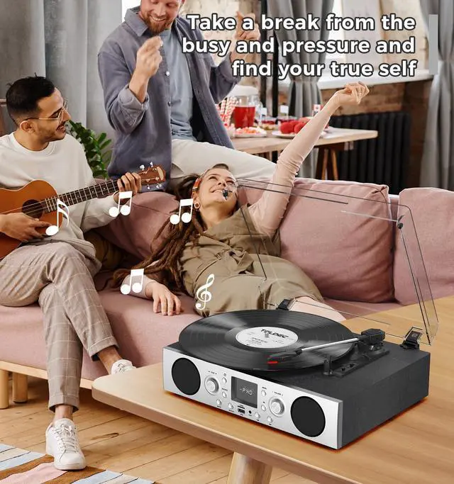 Alt view image 3 of 7 - Record Player with Built-in Speakers, Belt-Driven Turntable with FM Radio & Bluetooth Receiver, 3-Speed Vinyl Player with USB Recording, RCA Line Out, AUX in & Auto Stop, Silver Black