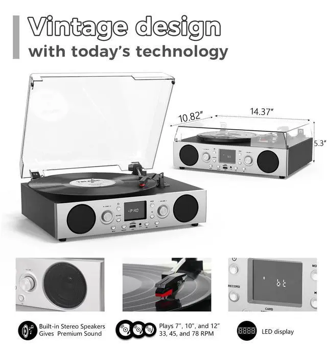 Alt view image 4 of 7 - Record Player with Built-in Speakers, Belt-Driven Turntable with FM Radio & Bluetooth Receiver, 3-Speed Vinyl Player with USB Recording, RCA Line Out, AUX in & Auto Stop, Silver Black