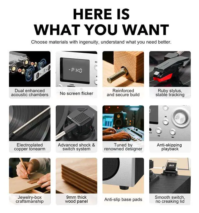 Alt view image 5 of 7 - Record Player with Built-in Speakers, Belt-Driven Turntable with FM Radio & Bluetooth Receiver, 3-Speed Vinyl Player with USB Recording, RCA Line Out, AUX in & Auto Stop, Silver Black