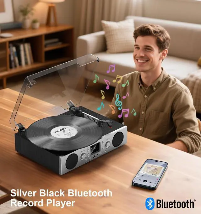 Alt view image 6 of 7 - Record Player with Built-in Speakers, Belt-Driven Turntable with FM Radio & Bluetooth Receiver, 3-Speed Vinyl Player with USB Recording, RCA Line Out, AUX in & Auto Stop, Silver Black