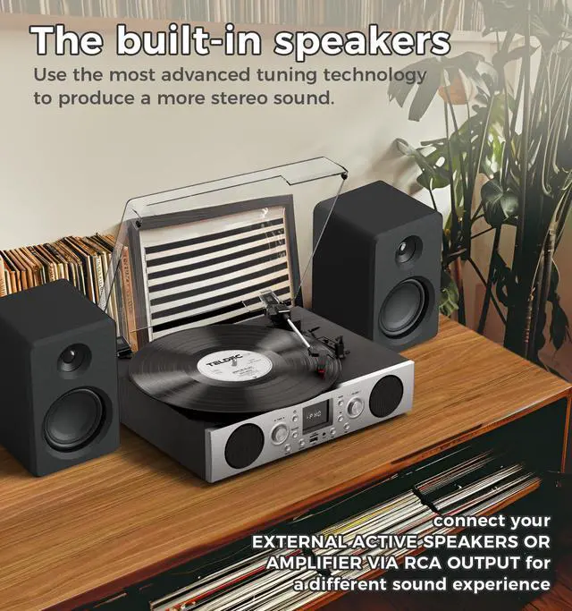 Alt view image 7 of 7 - Record Player with Built-in Speakers, Belt-Driven Turntable with FM Radio & Bluetooth Receiver, 3-Speed Vinyl Player with USB Recording, RCA Line Out, AUX in & Auto Stop, Silver Black