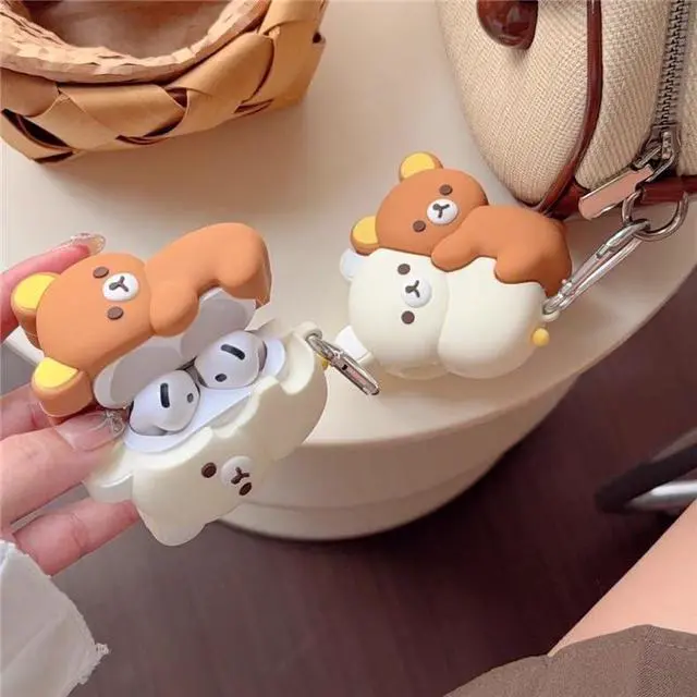 Alt view image 6 of 7 - Soft Silicone Earbuds Case with Keychain for Apple AirPod 1 2 3 4 Pro Brown Beige Teddy Bears 3D Cartoon Japanese Japan Animal Super Cute Lovely Adorable Fun Kids Girls (for AirPods 4th)
