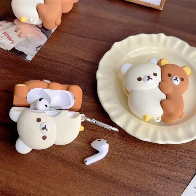 Alt view image 7 of 7 - Soft Silicone Earbuds Case with Keychain for Apple AirPod 1 2 3 4 Pro Brown Beige Teddy Bears 3D Cartoon Japanese Japan Animal Super Cute Lovely Adorable Fun Kids Girls (for AirPods 4th)