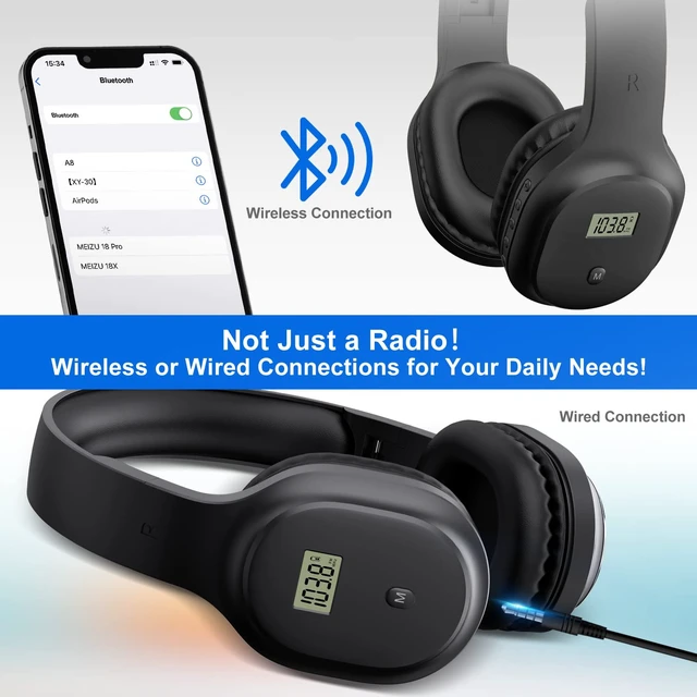 Alt view image 4 of 7 - A8 Wireless Headphones with FM Radio and Bluetooth 5.4 Rechargeable Over Ear Headphone Radio, Best Reception, Soft Earmuffs Headset, Built-in Microphone for Jogging, Mowing, Cycling