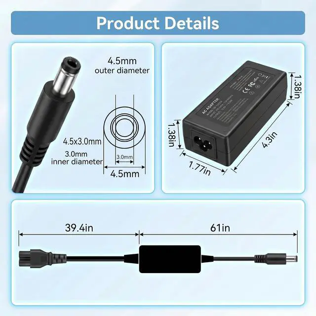 Alt view image 4 of 7 - 65W 4.5mm AC Adapter for Dell 14 15 16 Laptop DC15250 / DC15255 / DC16256 | Laptop Charger For Dell DC14250 / DC16251, Pro 14 16 PC14250 / PC16250, Pro Micro QCM1250 Mini Desktop Computer