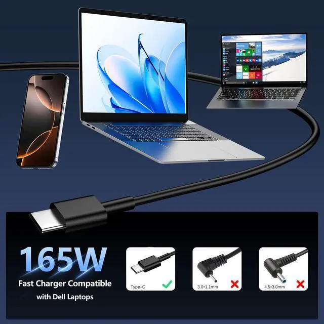 Alt view image 6 of 7 - 165W GAN USB C Charger Compatible with Dell Precision 5690 5680 | for Dell Pro Precision 7 16", Pro Max 16 18 Plus, XPS 17 9720 9730, Latitude 7640 7340 5540 5440, Inspiron-14 16 Plus 7640