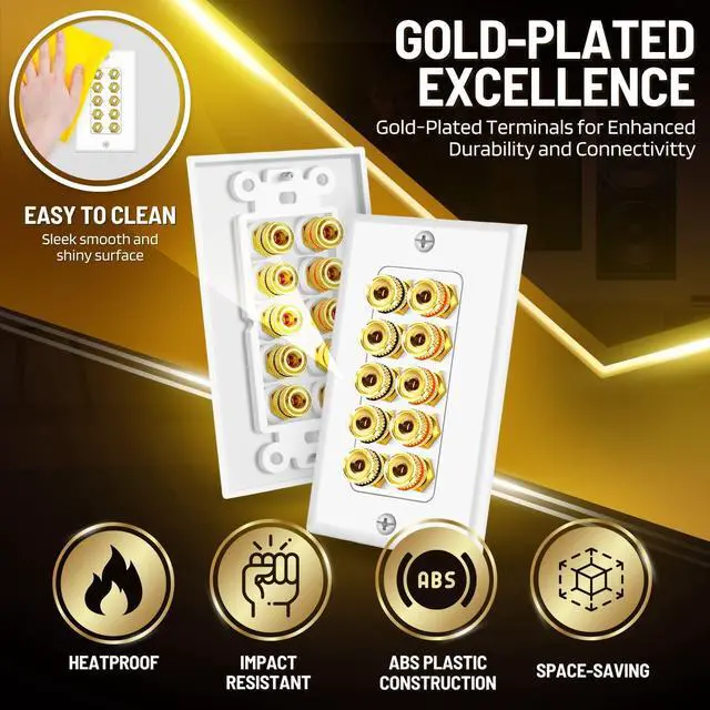Alt view image 3 of 6 - TNP Speaker Wall Plate for 1 Speaker, Banana Plug, Single Gang, White | Speaker Wire Wall Outlet with Gold-Plated Binding Posts for Spades or Bare Wire; for Home Theater and Surround Sound Setups