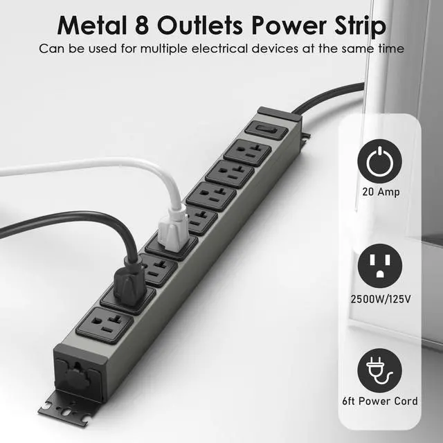 Alt view image 2 of 4 - Heavy Duty Power Strip Wall Mount, 20 Amp Surge Protector 1200J Metal 8 Outlet Under Desk Mounted 20A, Garage Power Table Socket Industrial Outlets 6-20R T-Slot, 6FT 12AWG Extension Cord