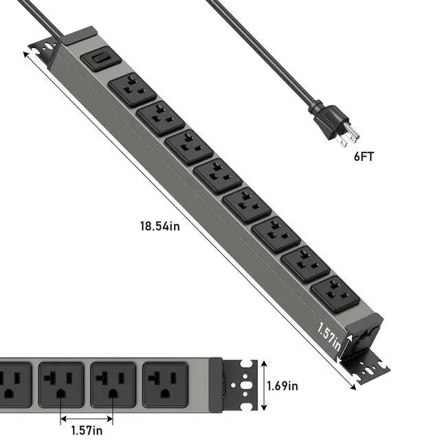 Alt view image 3 of 4 - Heavy Duty Power Strip Wall Mount, 20 Amp Surge Protector 1200J Metal 8 Outlet Under Desk Mounted 20A, Garage Power Table Socket Industrial Outlets 6-20R T-Slot, 6FT 12AWG Extension Cord