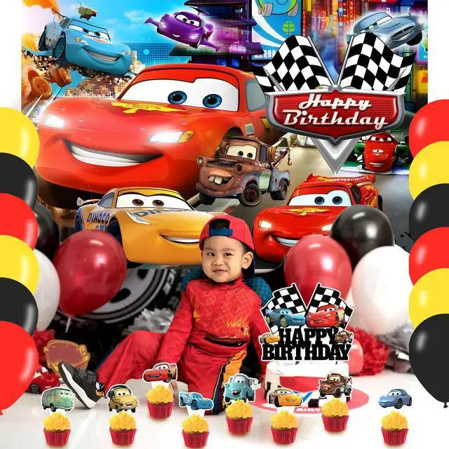 Alt view image 6 of 7 - Cartoon Car Party Supplies5x3FT,Maqueen Car Backdrop,Cartoon Theme Happy Birthday Party Banner for Boys and Girls Anime Party Decoration