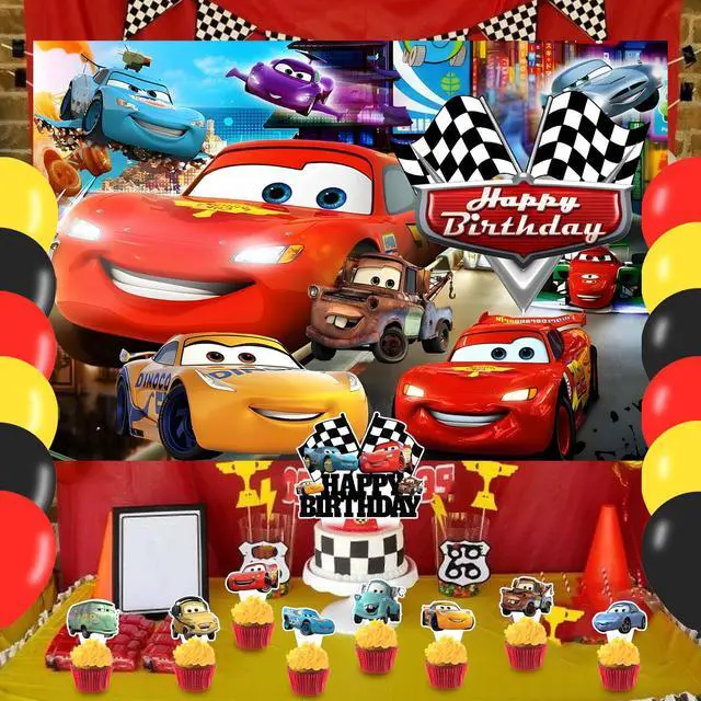Alt view image 5 of 7 - Cartoon Car Party Supplies5x3FT,Maqueen Car Backdrop,Cartoon Theme Happy Birthday Party Banner for Boys and Girls Anime Party Decoration