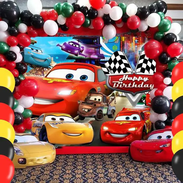 Alt view image 7 of 7 - Cartoon Car Party Supplies5x3FT,Maqueen Car Backdrop,Cartoon Theme Happy Birthday Party Banner for Boys and Girls Anime Party Decoration