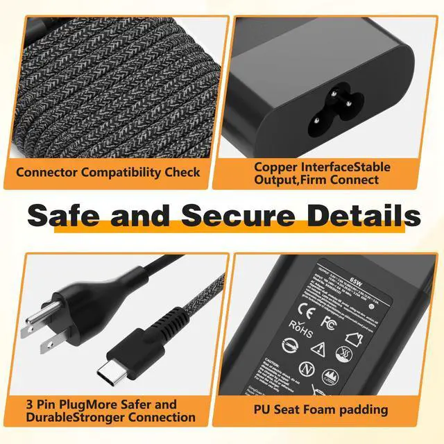 Alt view image 4 of 7 - New Slim 65W Power Cord Adapter Compatible with HP Laptop Charger USB C Computer Replacement, Envy x360/Elitebook x360/Spectre x360/Elite x2/Pavilion/Zbook/ProBook, Fast Type C Chromebook Charging