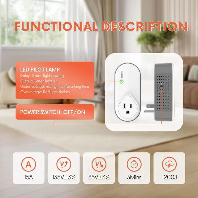 Alt view image 6 of 7 - Refrigerator Surge Protector, 1200J Voltage Protector for Fridge & Freezer, Single Outlet Wall Plug with Over/Under Voltage & Brownout Protection, Appliance Surge Protector 15A 1800W