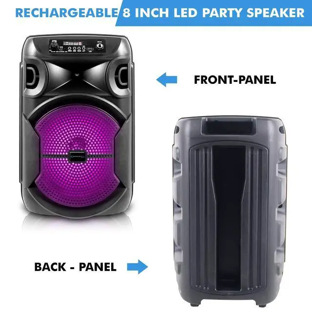 Alt view image 2 of 7 - 8 Inch Portable 800 W Bluetooth Speaker w/Woofer & Tweeter | Festival PA LED Speaker with Bluetooth/USB Card, True Wireless Stereo, 30 Feet BT Range