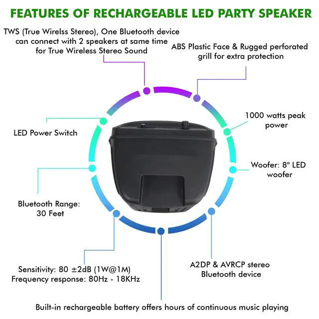 Alt view image 4 of 7 - 8 Inch Portable 800 W Bluetooth Speaker w/Woofer & Tweeter | Festival PA LED Speaker with Bluetooth/USB Card, True Wireless Stereo, 30 Feet BT Range