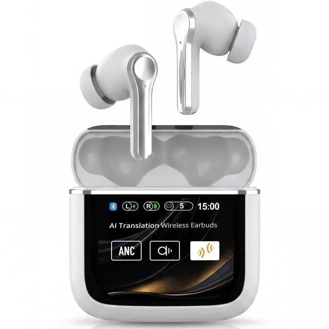 Main image of ANC Noise Cancelling Earbuds, Bluetooth 6.0, 60H Battery, White | ENC, AI translation via AICOOL app, touch control, waterproof, S/M/L silicone tips, 13mm drivers, low latency