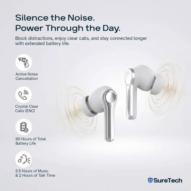 Alt view image 3 of 7 - ANC Noise Cancelling Earbuds, Bluetooth 6.0, 60H Battery, White | ENC, AI translation via AICOOL app, touch control, waterproof, S/M/L silicone tips, 13mm drivers, low latency
