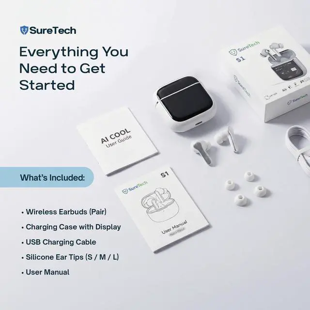 Alt view image 6 of 7 - ANC Noise Cancelling Earbuds, Bluetooth 6.0, 60H Battery, White | ENC, AI translation via AICOOL app, touch control, waterproof, S/M/L silicone tips, 13mm drivers, low latency
