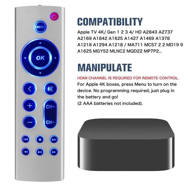 Alt view image 4 of 7 - (Pack of 2) Universal Replacement Remote for Apple TV 4K/ Gen 1 2 3 4/ HD A2843 A2737 A2169 A1842 A1625 A1427 A1469 A1378 A1218, No Voice No Siri with Blue Backlight