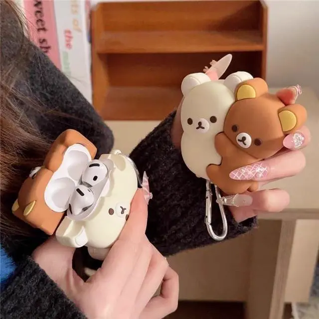 Alt view image 3 of 7 - Soft Silicone Earbuds Case with Keychain for Apple AirPod 1 2 3 4 Pro Brown Beige Teddy Bears 3D Cartoon Japanese Japan Animal Super Cute Lovely Adorable Fun Kids Girls (for AirPods 4th)