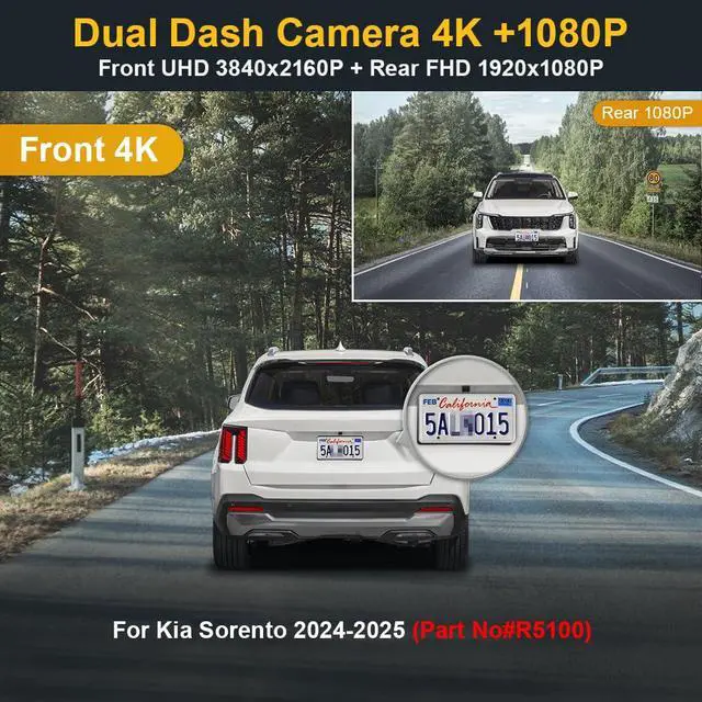Alt view image 2 of 7 - Front 4K+Rear 1080P Dash Cam Adapts for Kia Sorento 2024 2025 & Sorento Hybrid (Part No#R5100), OEM Look, Dual HD Video, WiFi & APP, Loop Recording, G-Sensor, Easy to Use, 128GB Card