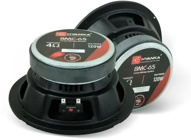 Main image of BMC-65 6.5-Inch Car Midrange Speakers, 480W, 4 Ohm, Pair Bullet-design phase plugs and black steel baskets deliver clear, powerful mids for car and truck door audio upgrades