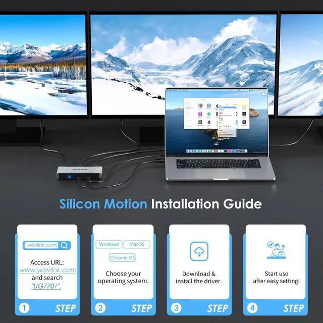 Alt view image 4 of 7 - 3 Monitor Docking Station, triple monitors adapter for M1/M2/M3/M4/Macbook Neo MacOS.Type-C&A hosts, 100W PD IN,3* HDMI + 2* DP Available,Triple 4K@60Hz, SMI Driver & Host USB3.2 Gen 2 Required