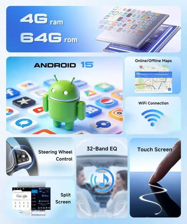 Alt view image 4 of 7 - Android 15 4G+64G Radio for Toyota Corolla 2017 2018 2019 Car Stereo with Wireless Carplay Android Auto,5.0 Bluetooth 32EQ,9inch 1280x720P IPS Touch Screen,FM/RDS GPS WiFi IP69K AHD Backup Camera